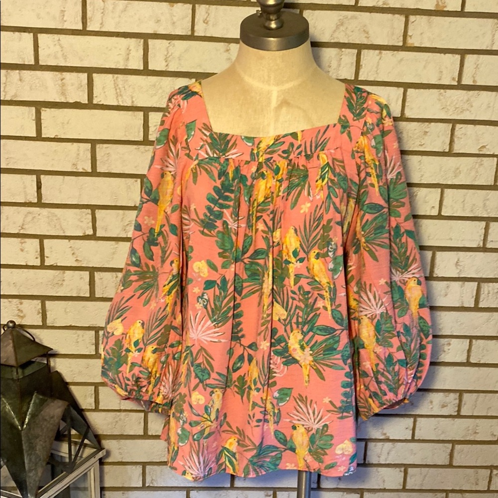 LC Lauren Conrad Flutter Sleeve Pink and Green Blouse